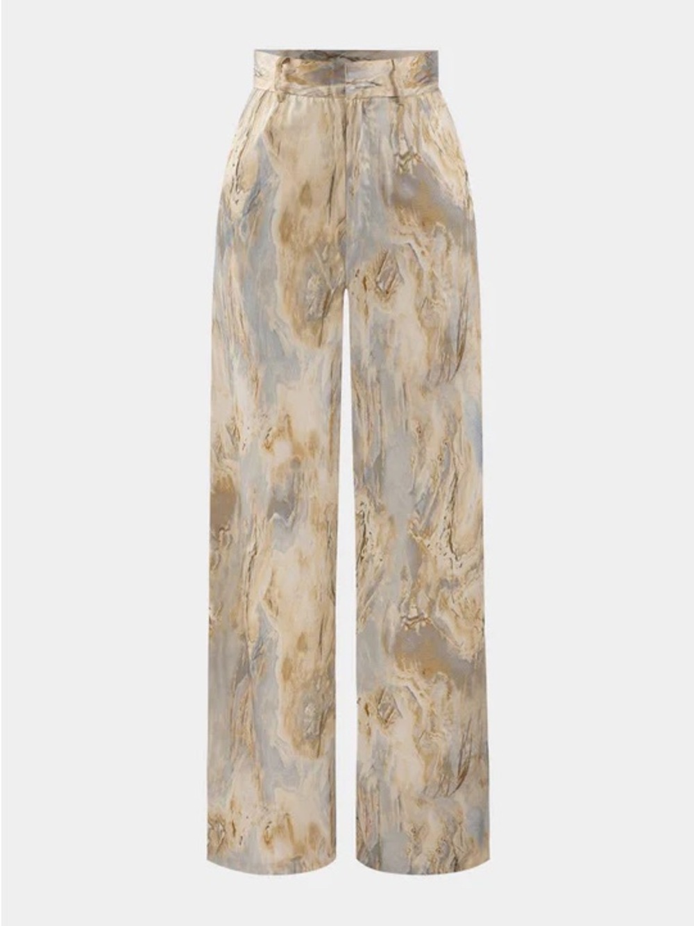 High-Rise Wide-Leg Marble Print Trousers in Beige and Gray